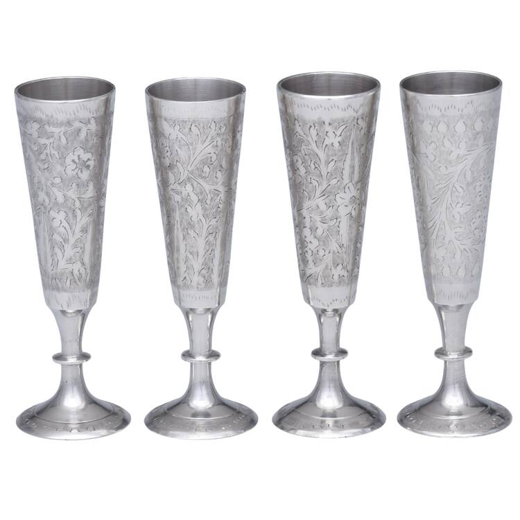 India Silverplate Hollowware-Etched Cordial - Set of 4 with Round Tray by Unknown Manufacturer