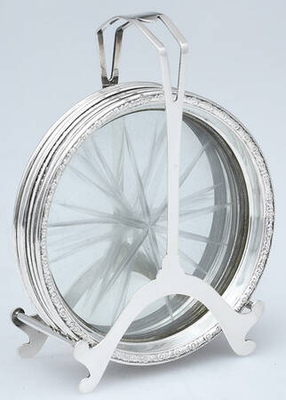 Sterling Hollowware Set of 6 Crystal Coaster W/Sterling Rims in Holder