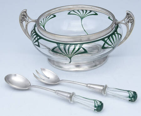 Art Nouveau Style (Silverplate, Hollowware) Glass Handled 3pc Salad Set