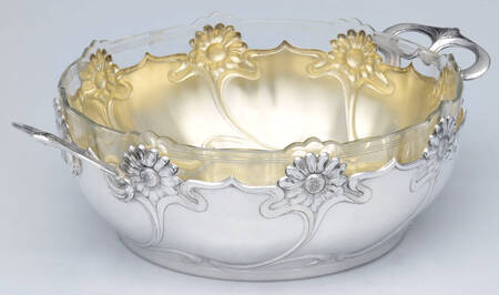 Art Nouveau Style (Silverplate, Hollowware) Glass Salad Bowl with Metal Frame