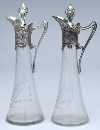 Art Nouveau Style (Silverplate, Hollowware) Vinegar & Oil Cruet Set with Stoppers