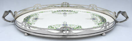 Art Nouveau Style (Silverplate, Hollowware) 16" Ceramic Gallery Tray with Silverplate Band