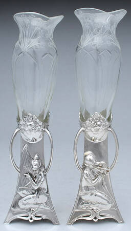 Art Nouveau Style (Silverplate, Hollowware) Set of 2 - Crystal Vase w/Metal Base
