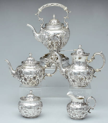 5976 (Sterling, Hollowware) 5 Piece Tea Set (SCP, STP, SCR, SSU, SKES)