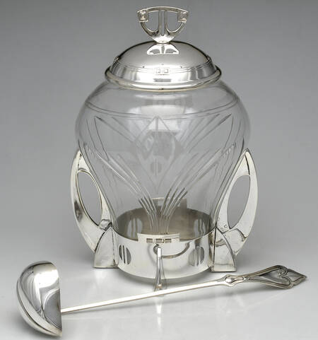 Art Deco Style (Silverplate, Hollowware) Covered Glass and Metal Frame Punch Bowl with Ladle