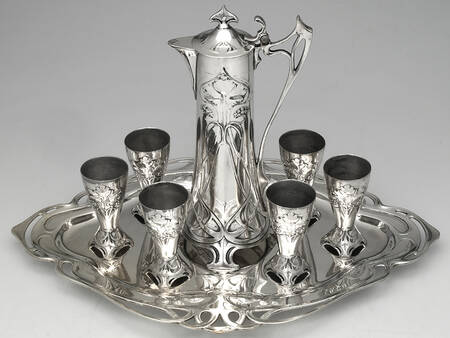 WMF225 (Silverplate, Hollowware) Solid Claret Jug with 21" Complimentary Tray and 6 Wine Cups