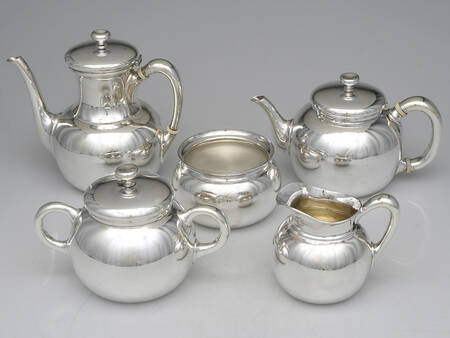510 (Sterling, Hollowware) 5 Piece Tea Set (SCP, STP, SCR, SSU, SWB) by Whiting Manf Co