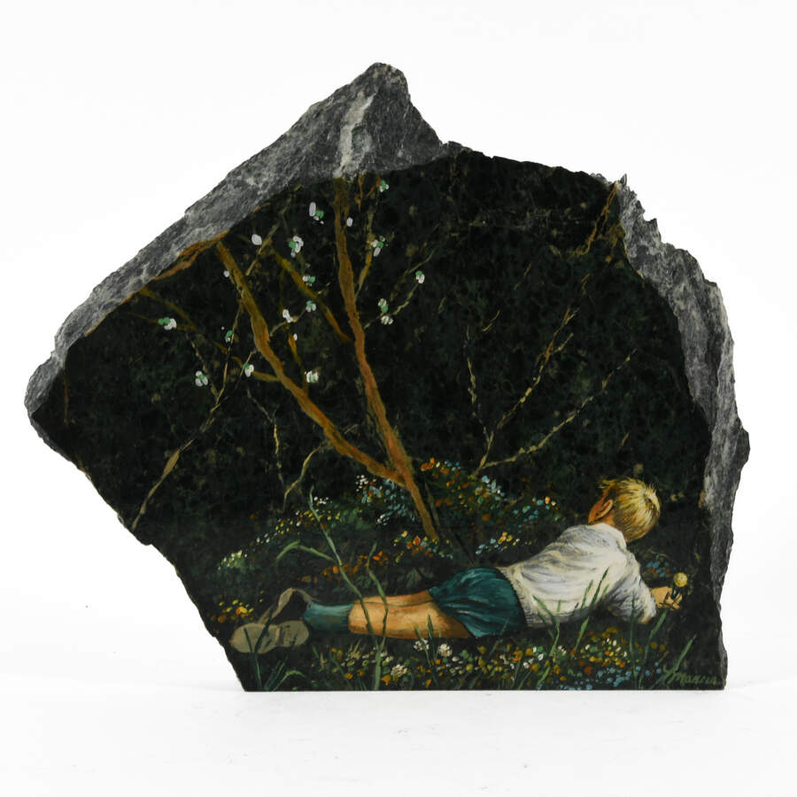 Signed Boy in Spring Painted on a Stone-1