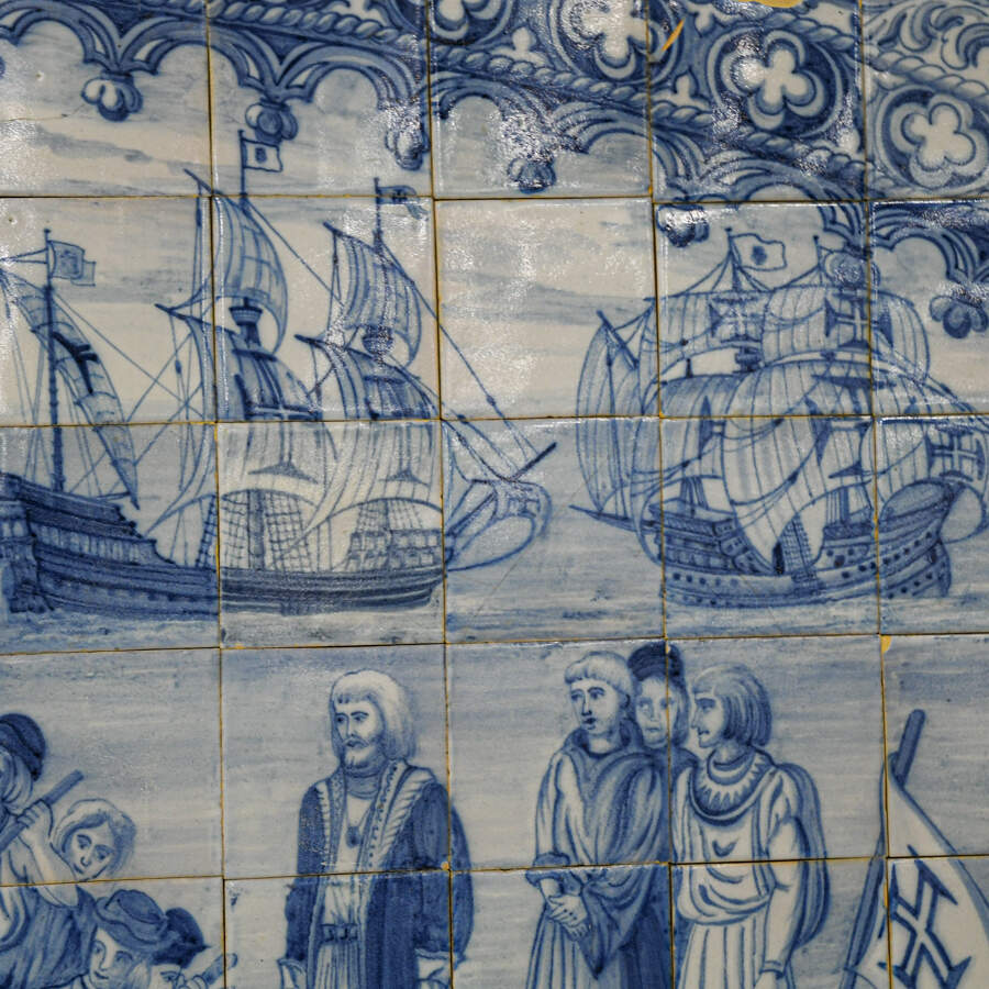 Antique Blue & White Plaque Featuring the Nina, Pinta, & Santa Maria Ships-8