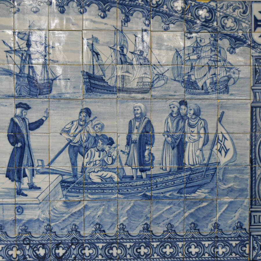 Antique Blue & White Plaque Featuring the Nina, Pinta, & Santa Maria Ships-3