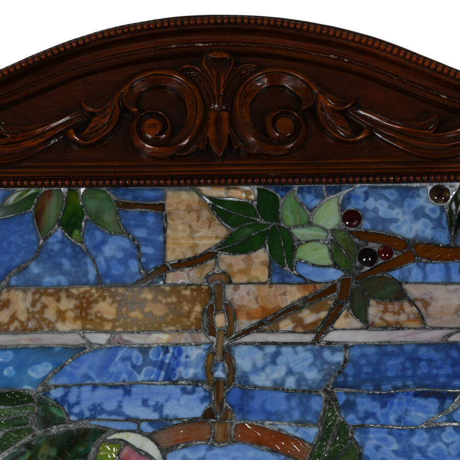20th Century Mural Stained-Glass Panel with Hand-Carved Mahogany-5