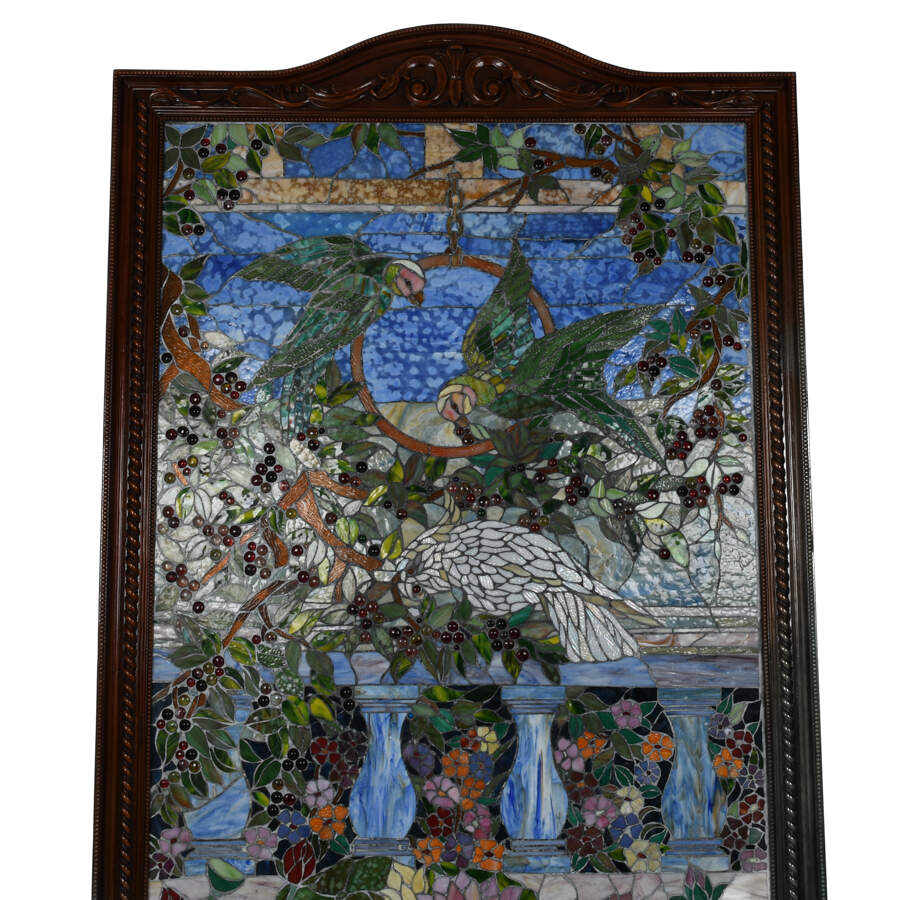 20th Century Mural Stained-Glass Panel with Hand-Carved Mahogany-2