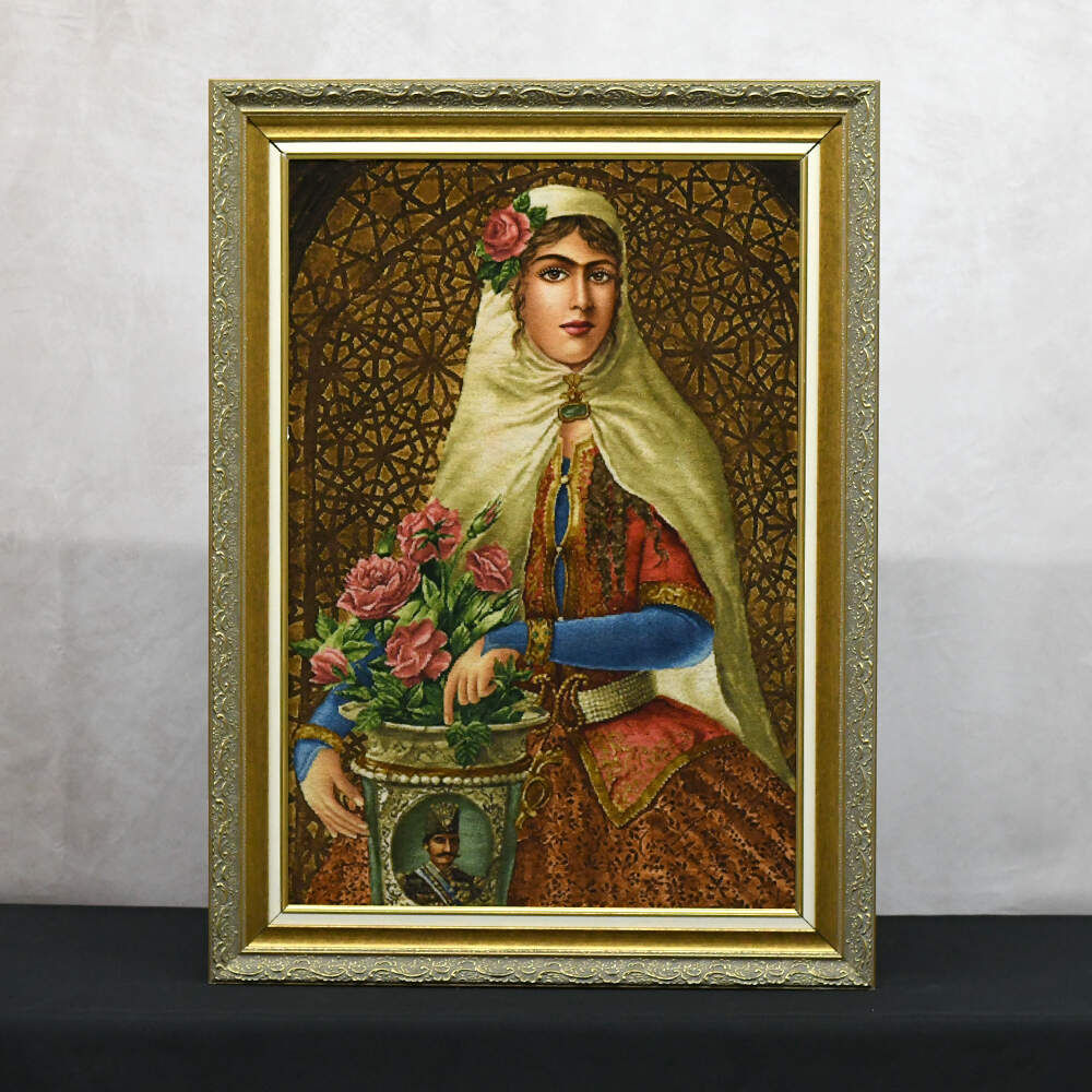 Hand-Woven Framed Art Rug After Hojat Shakiba Painting of Qajar Woman-1