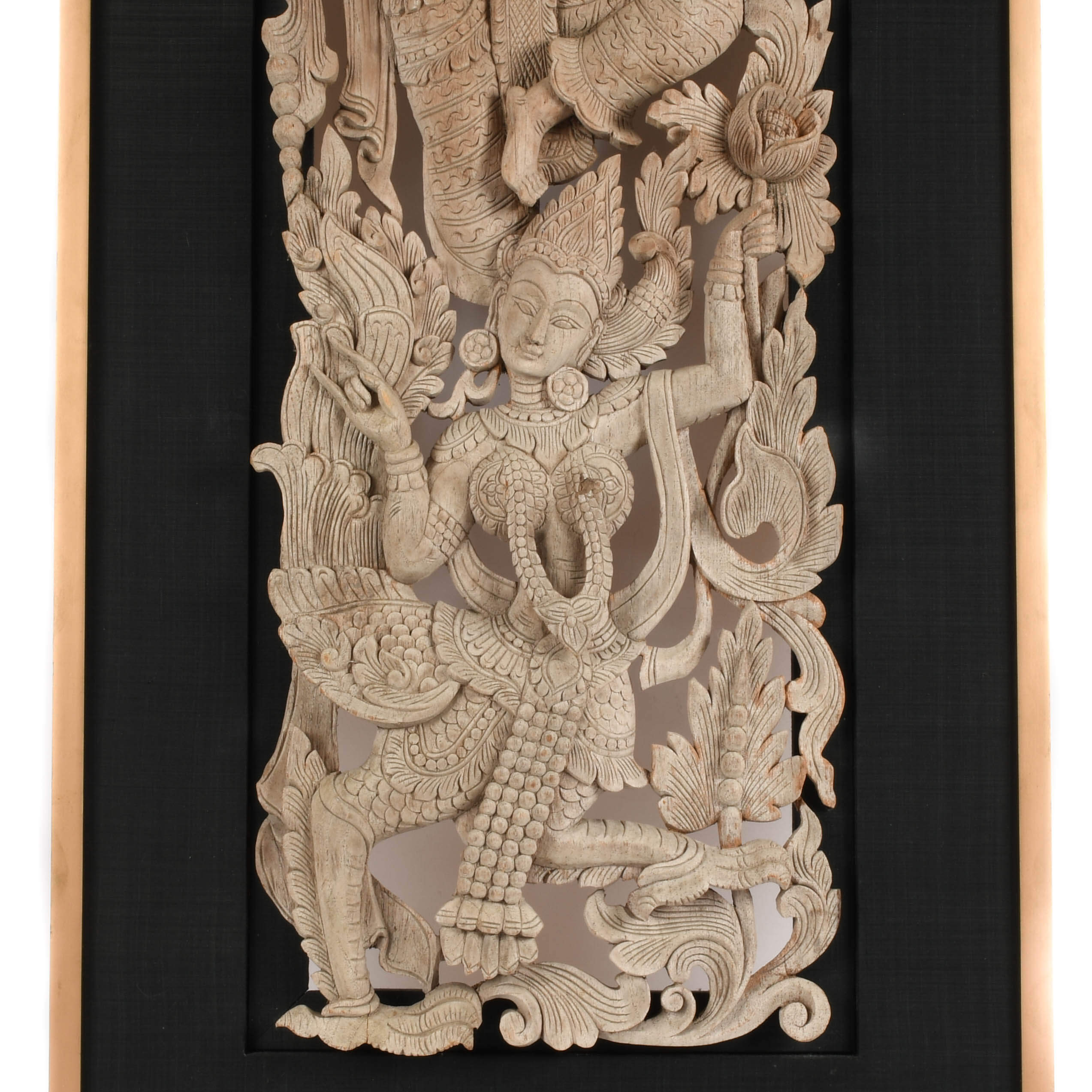 Framed Carved Wood Relief Panel of a Man and a Kinnari-3