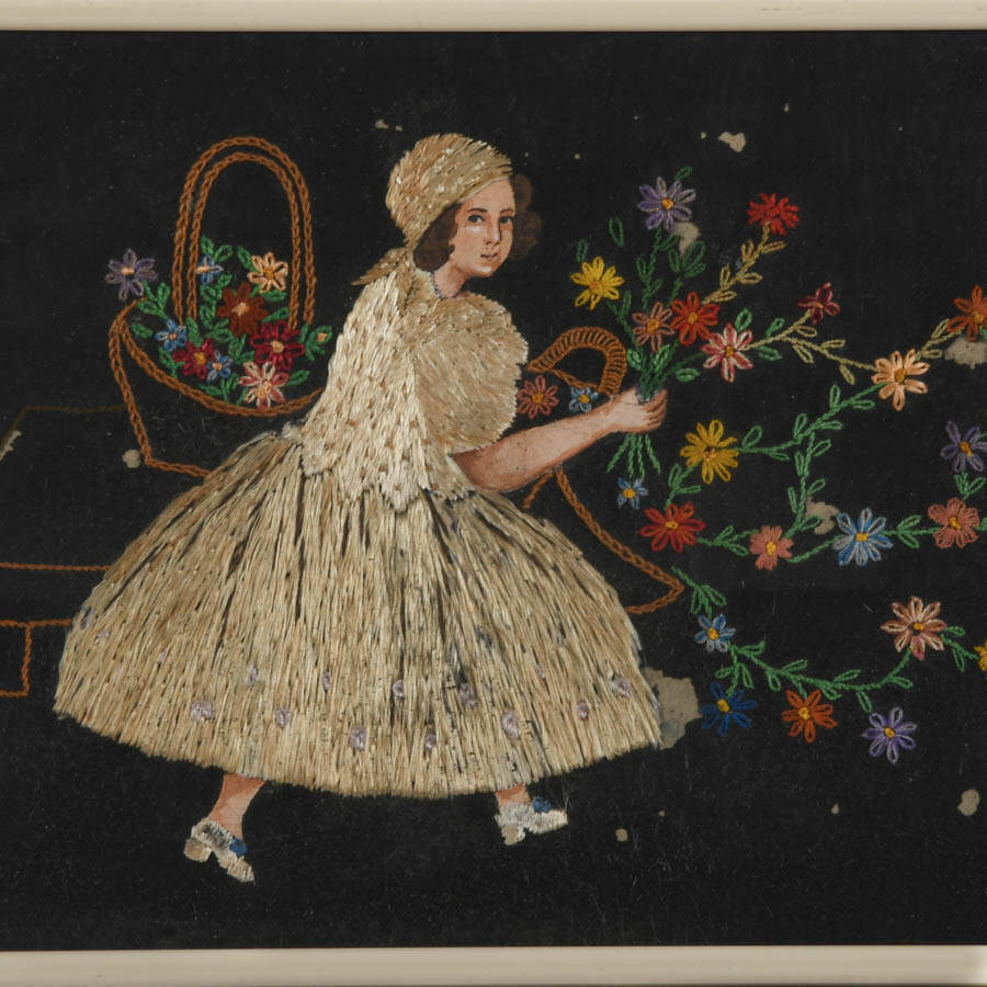 Framed Crewel Work and Inlaid Straw Artwork of a Little Girl-2