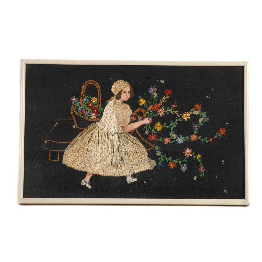 Framed Crewel Work and Inlaid Straw Artwork of a Little Girl-1