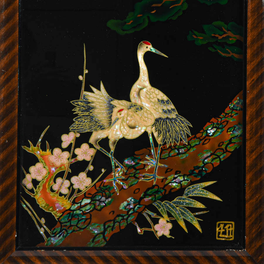 Framed Japanese Reverse Mixed Media on Glass Cranes-2