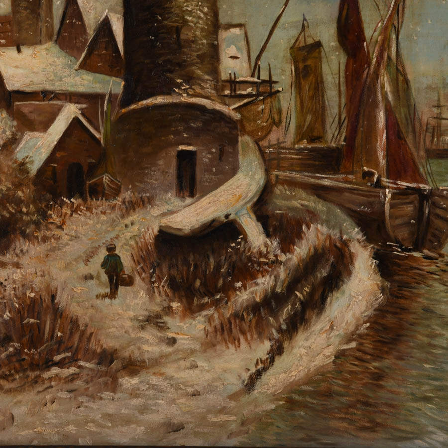 Antique Framed Signed Oil on Canvas Snowy Port-3