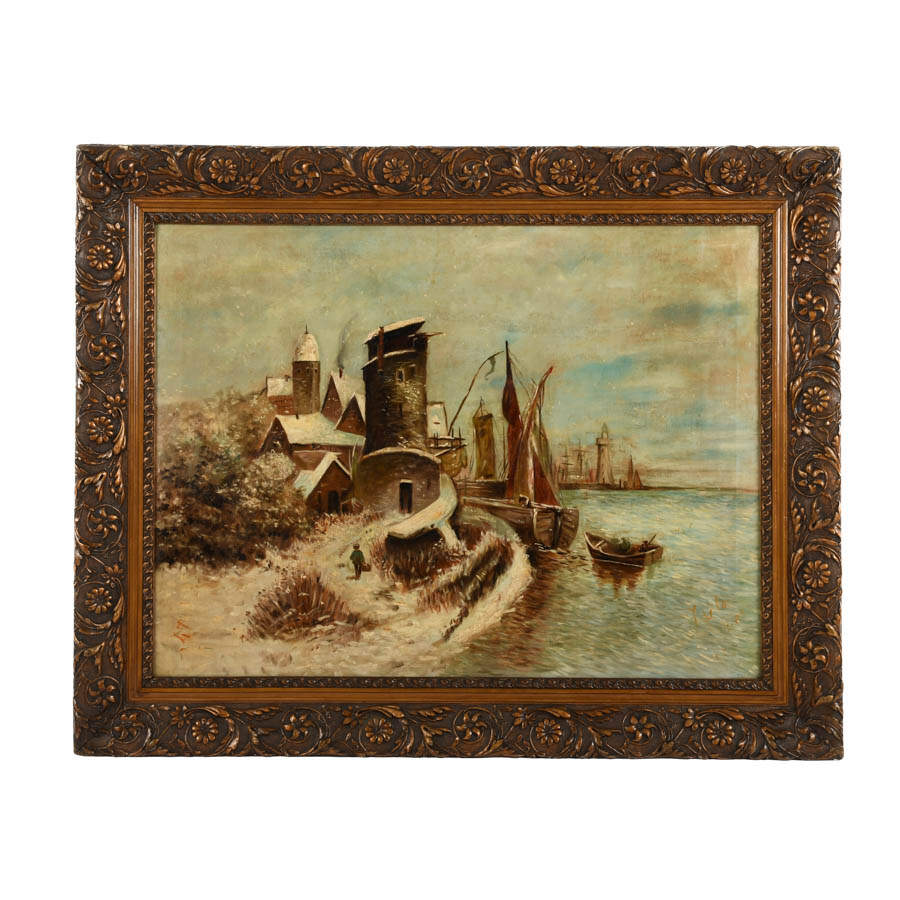 Antique Framed Signed Oil on Canvas Snowy Port-1