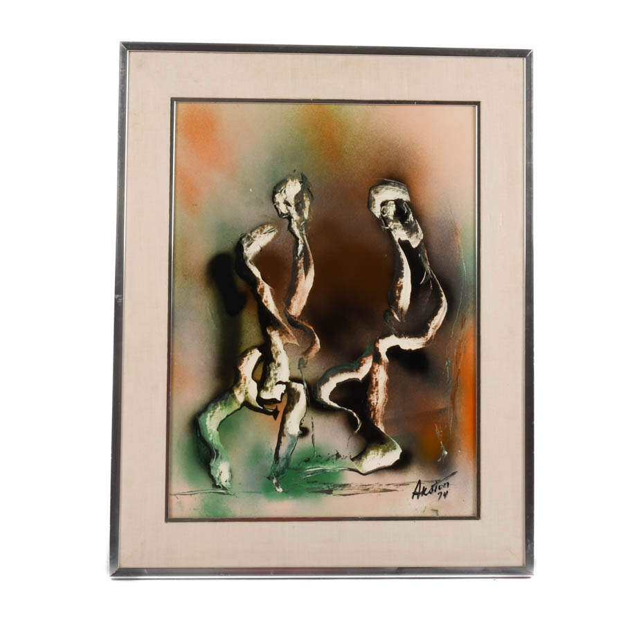 Framed J. Akston "Strange Gymnastics II, 1974" Enamel on Paper-1