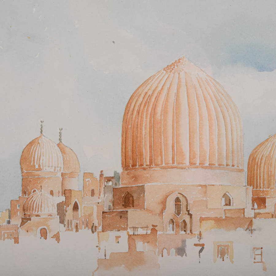 Framed Ahmed Dzuvic Sunlit Domes, Soft Skies Architectural Watercolor-3
