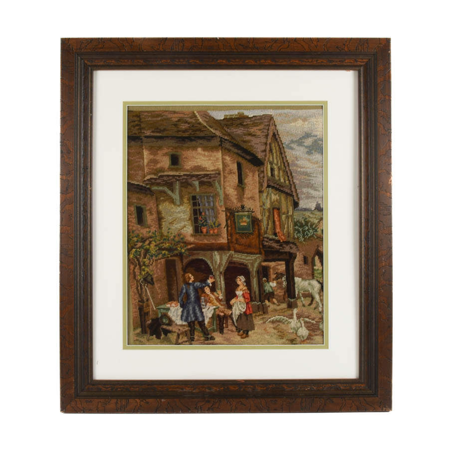 Framed "Village Life, Stitched in Time" Needlepoint Artwork-1