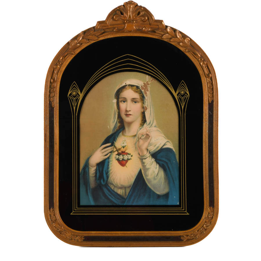 Pair Art Deco Framed Portraits of Jesus and Mary-2