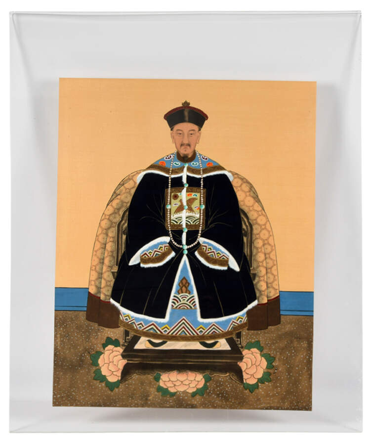 Acrylic Framed Chinese Ancestor Portrait Painting on Silk-1