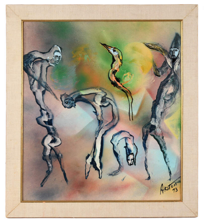 Framed J. Akston "Strange Gymnastics I" Mixed Media Artwork-1