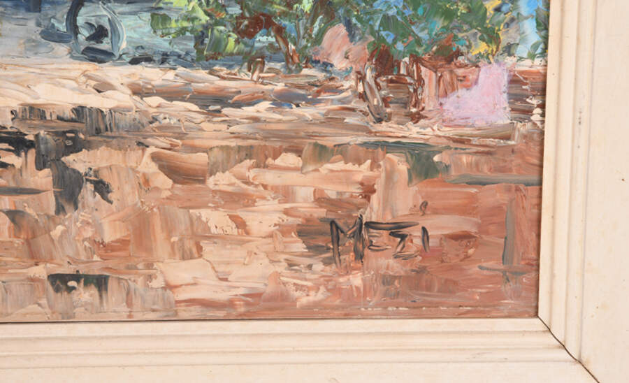 Signed Mezi Oil on Masonite Café Shadows and Cathedral Painting-6