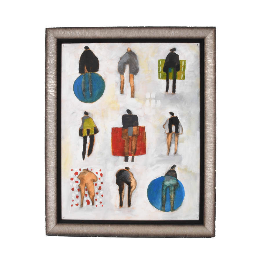 Framed Abstract-Style "Nine Figures" Oil on Canvas-1