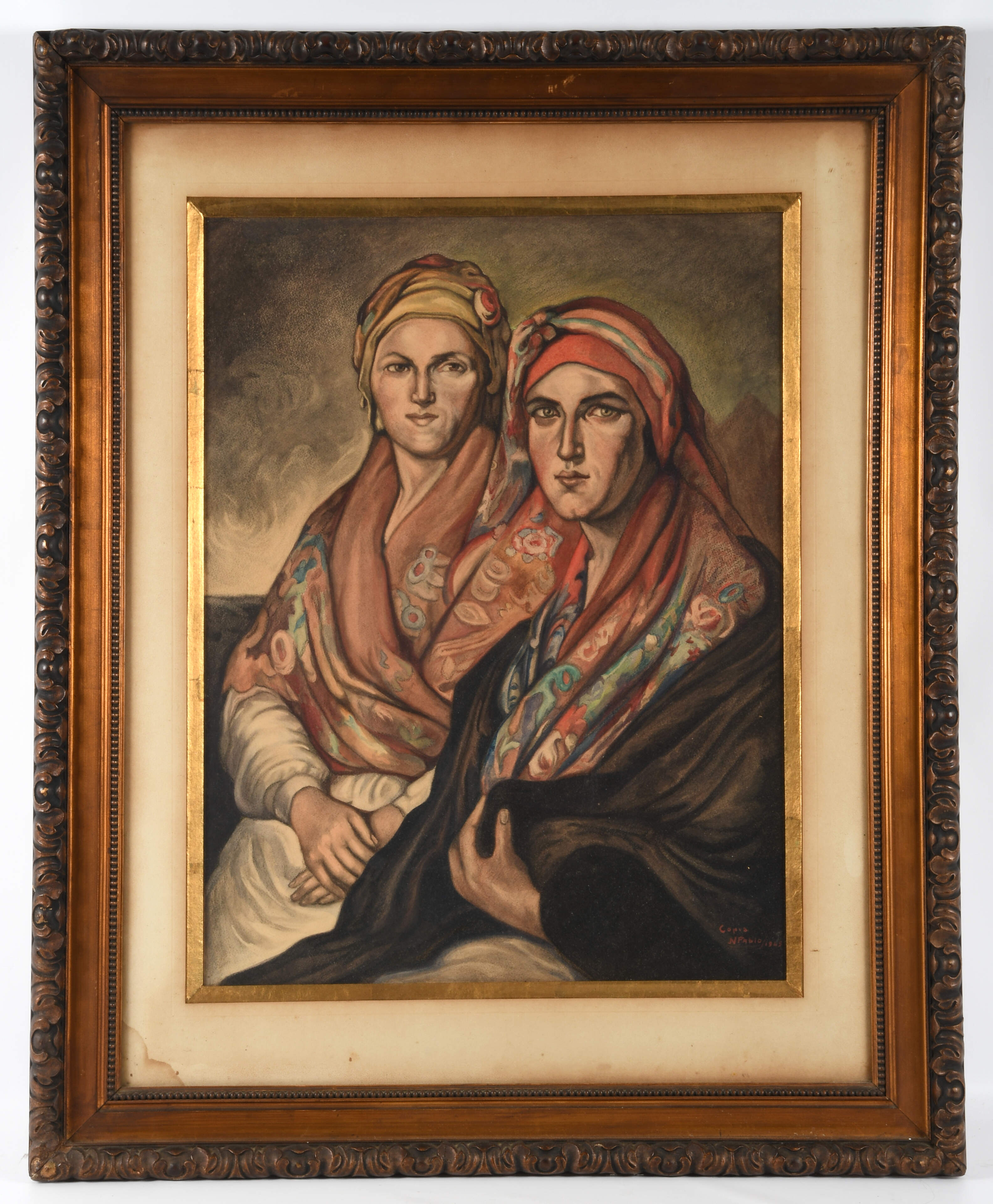 Signed Framed Watercolor Study of Two Robed Women-1