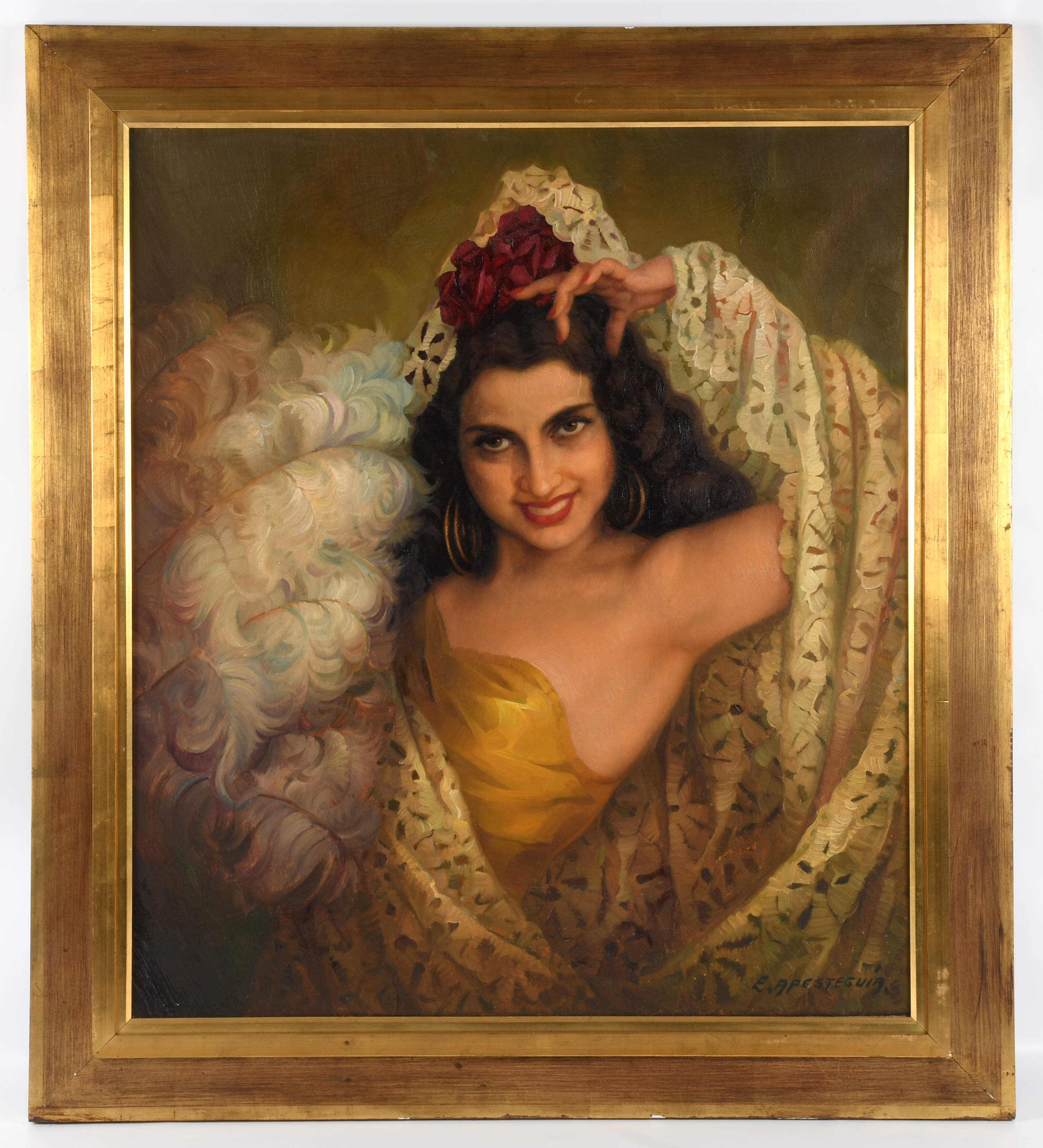 Framed Signed "Dama" Oil on Canvas by Efren Apesteguia-1