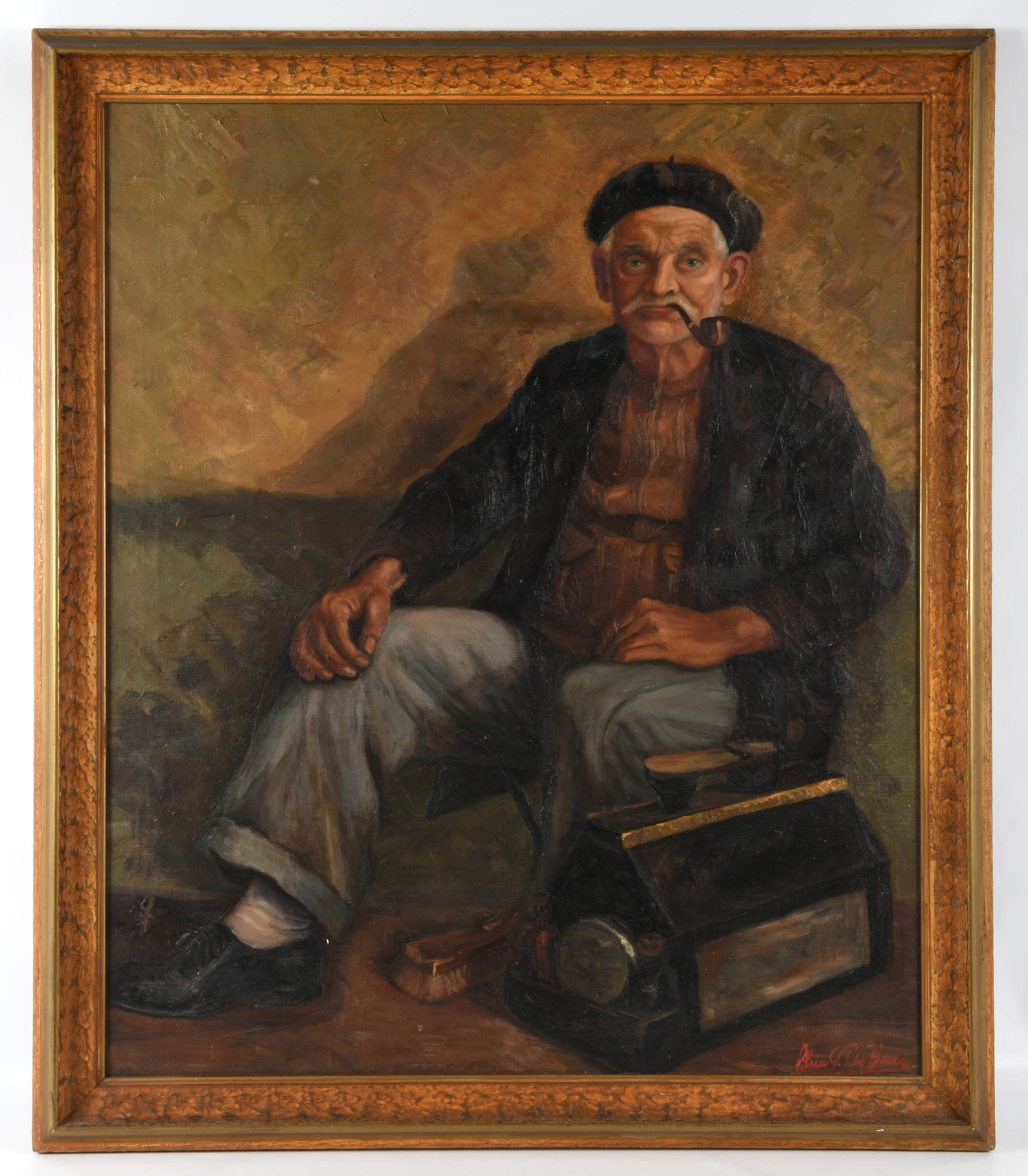 Framed Signed Shoe Shiner Oil Portrait on Canvas-1