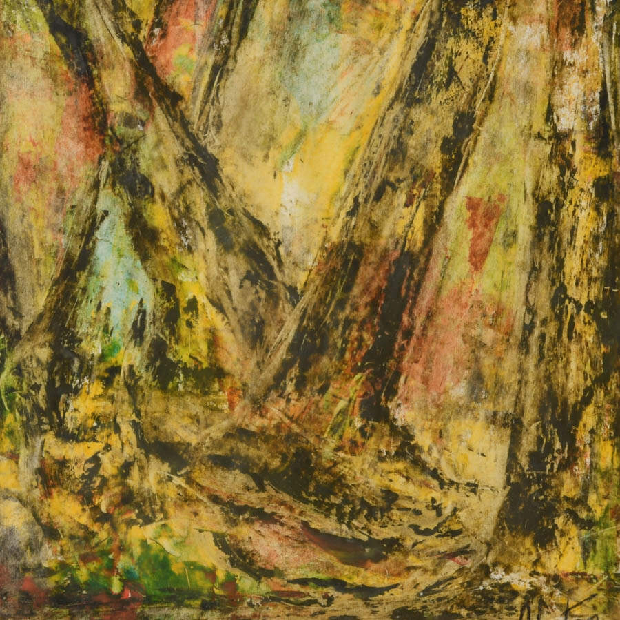 Framed J. Akston "Golden Forest" Enamel and Paper Painting-4