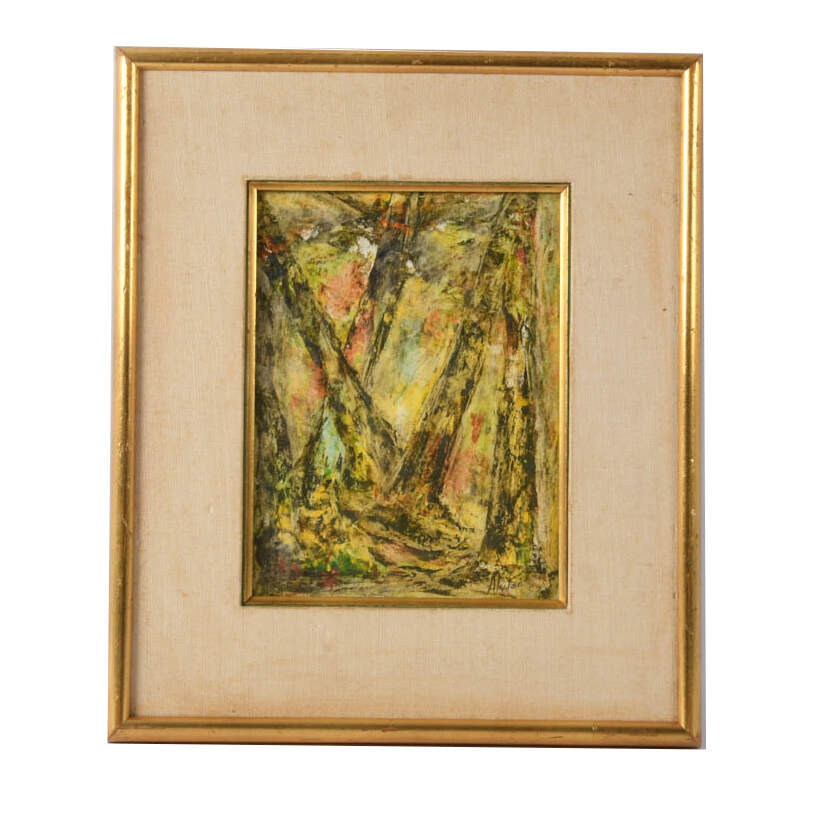 Framed J. Akston "Golden Forest" Enamel and Paper Painting-1