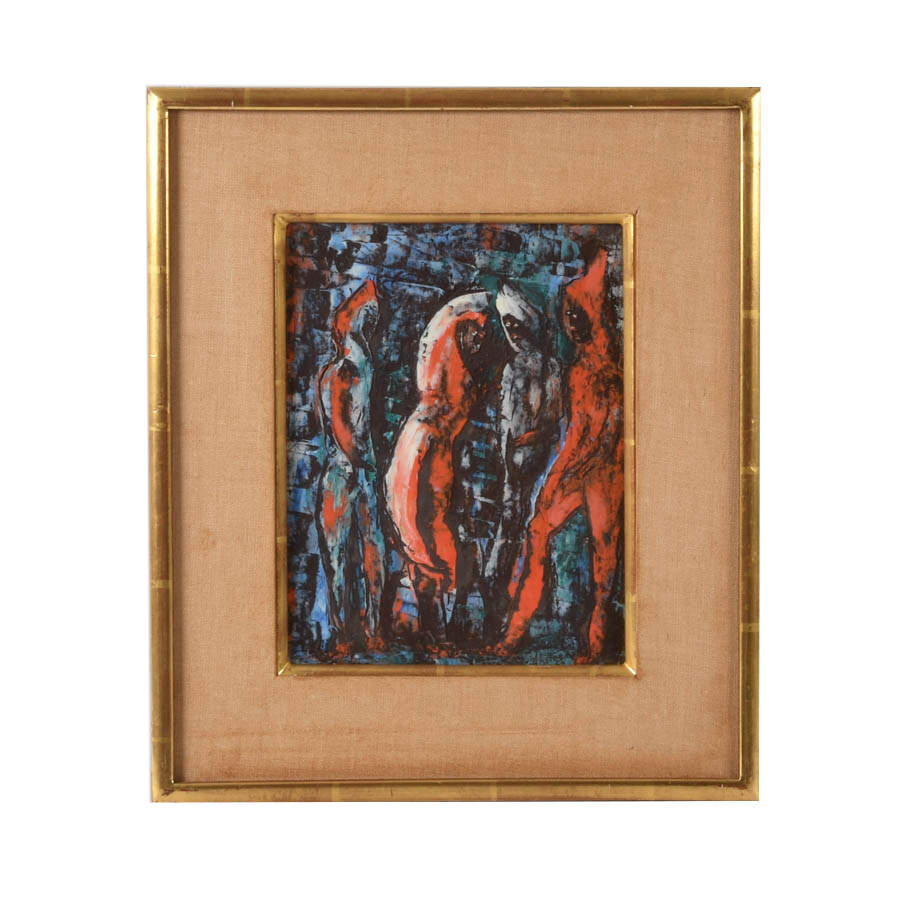 Framed J. Akston "Conspiracy" Oil on Paper-1