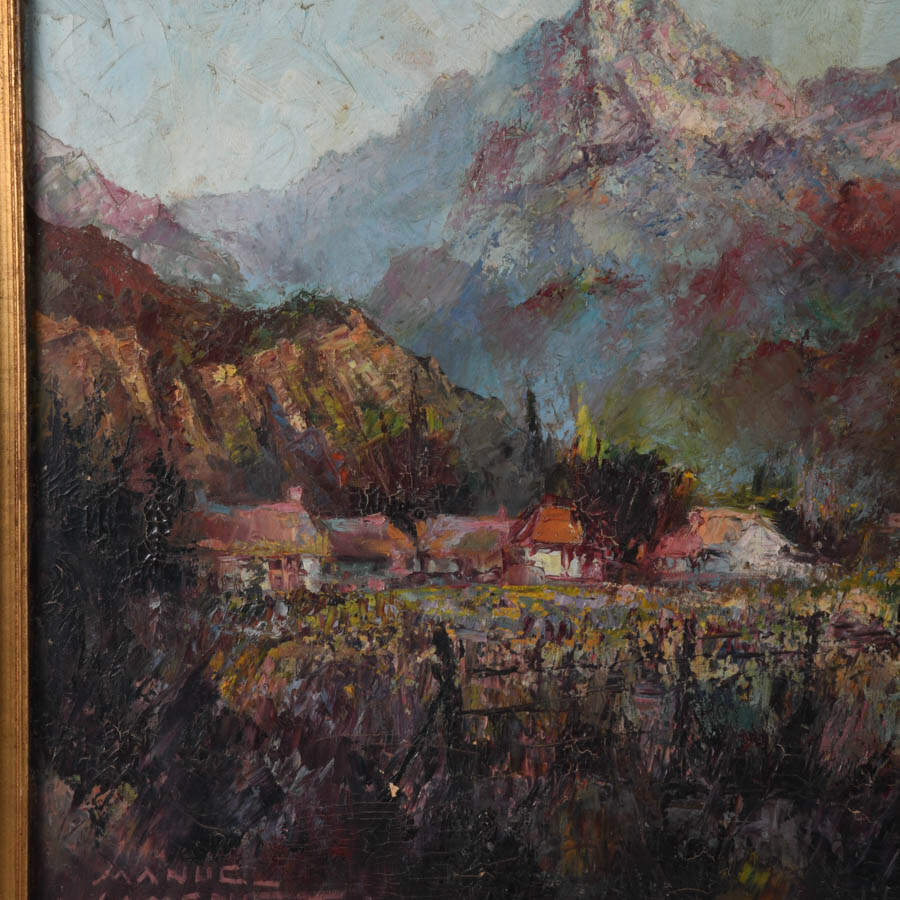 Framed Signed Nestled Town Mountain Landscape Oil on Canvas-3