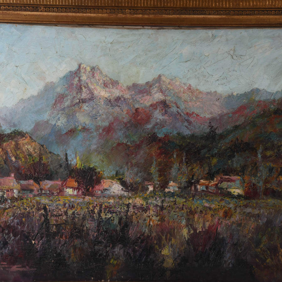 Framed Signed Nestled Town Mountain Landscape Oil on Canvas-2