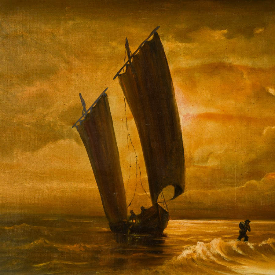 Framed Signed Sailboats at Shore Oil on Canvas-2