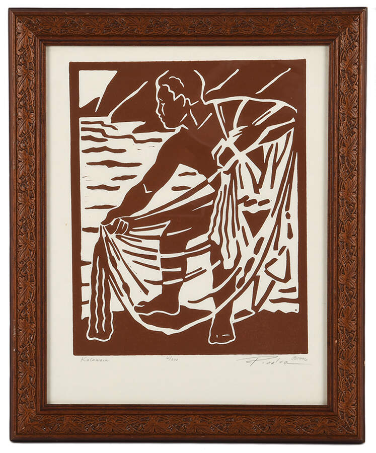 Framed Signed Douglas Po'oloa Tolentino "Kalawai" Woodblock Print-1