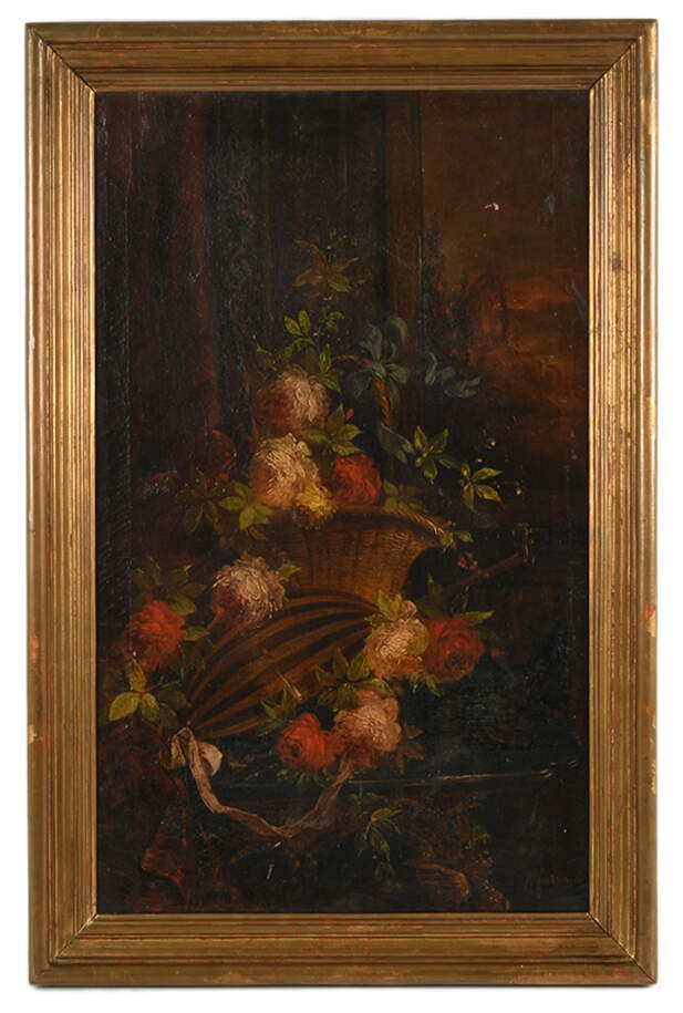 Framed Signed "Canasto Con Flores y Mandolina" Oil on Canvas by A. Fabiani-1