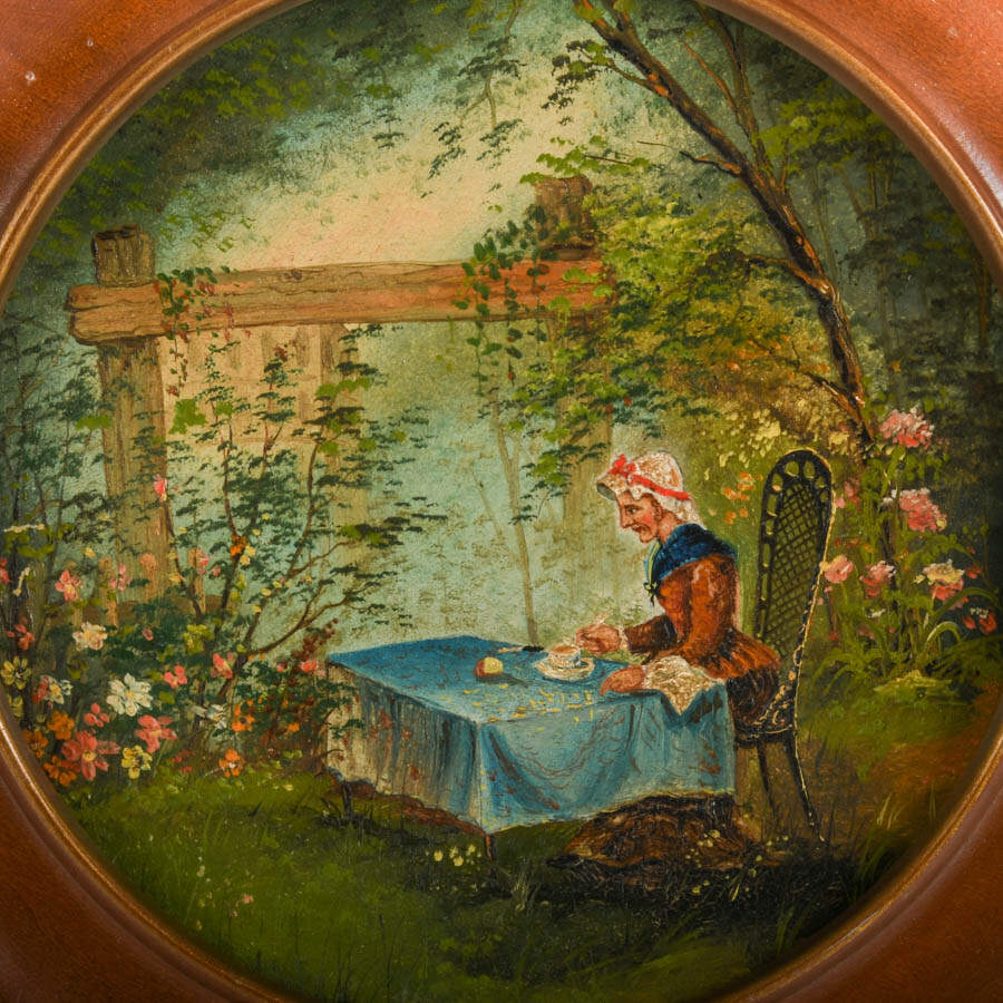 Antique Circle Framed Oil Painting on Copper Landscape View-2