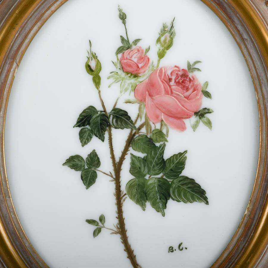 Framed Floral Hand-Painted Milk Glass Artwork-2
