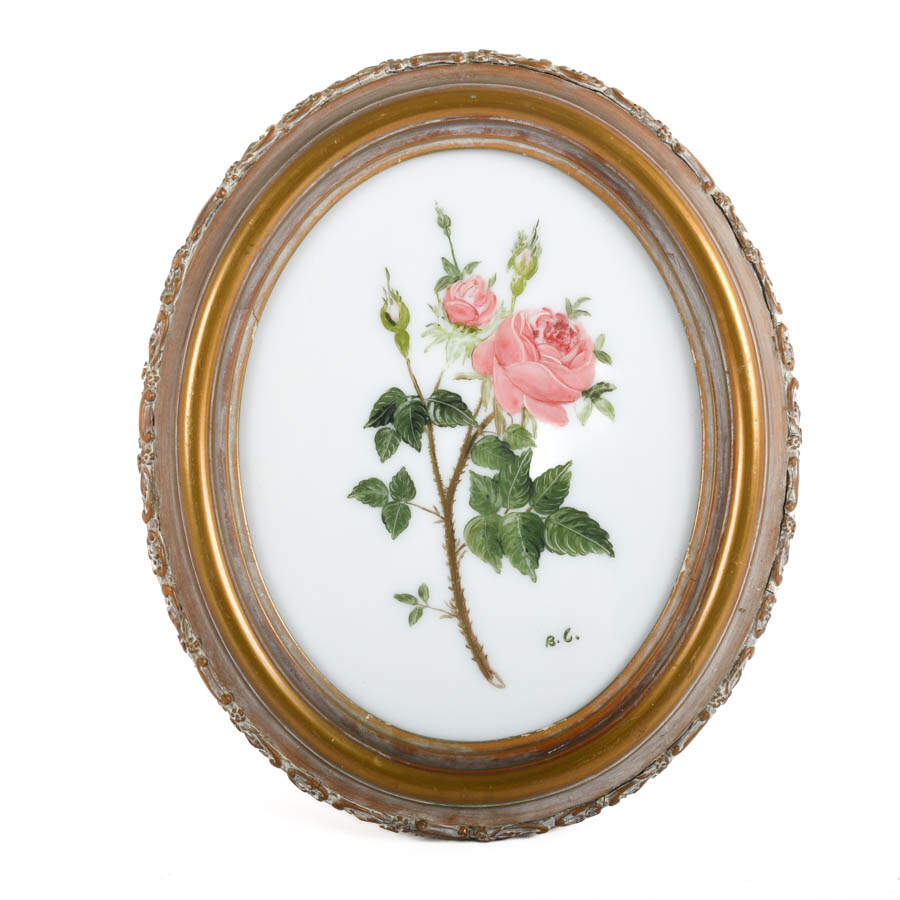 Framed Floral Hand-Painted Milk Glass Artwork-1