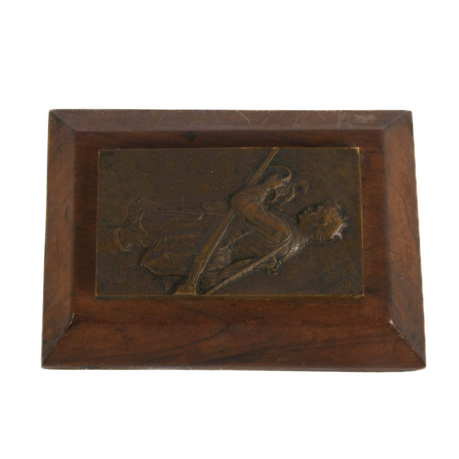 Antique Miniature Bronze Plaque Relief on Base Depicting a Hunter-4