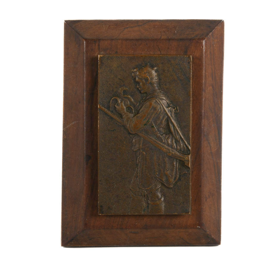 Antique Miniature Bronze Plaque Relief on Base Depicting a Hunter-1