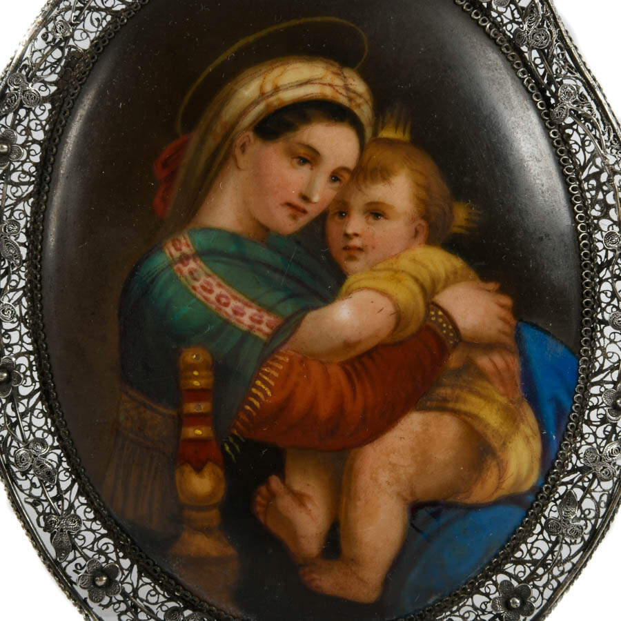 Antique Silver Framed Madonna de a Media Painting on Porcelain-2