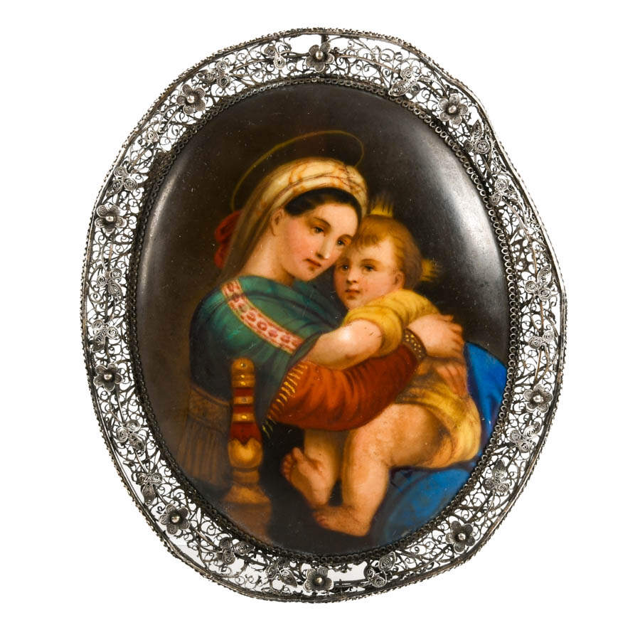 Antique Silver Framed Madonna de a Media Painting on Porcelain-1