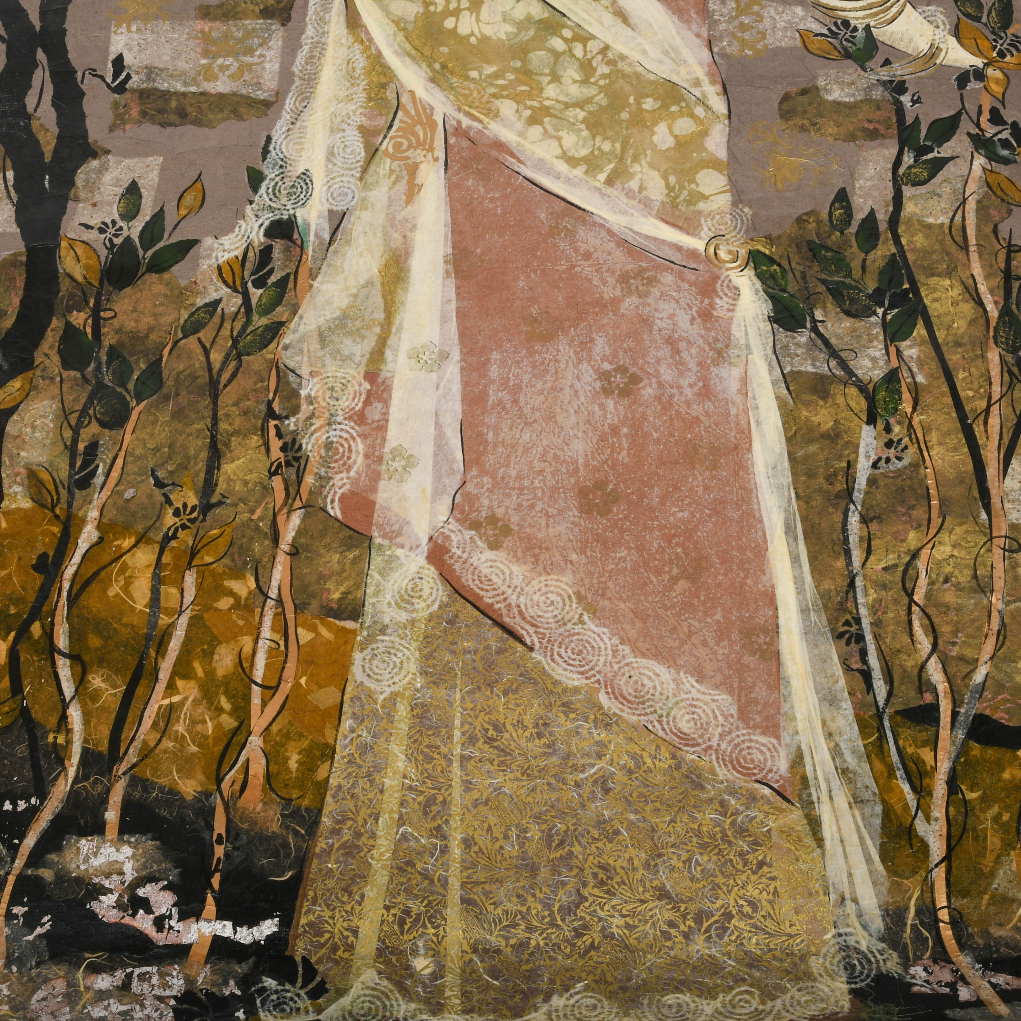 Signed Bonny Hawley Lady in the Garden Mixed Media Tapestry Painting-6